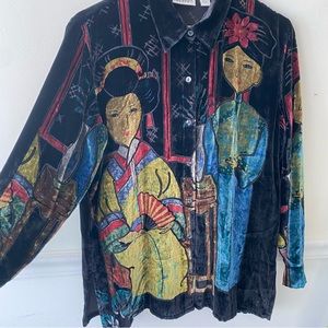 Vintage 90s Chico's Design Velvet Burn Out Silk Asian Geisha Blouse Shirt